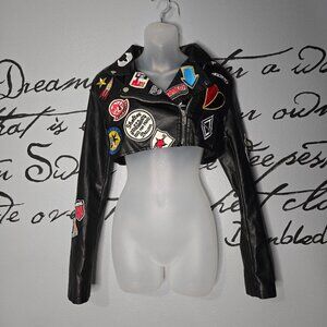 Hot & Delicious Cropped Faux Leather Jacket W/ Front Patches - Black, M
